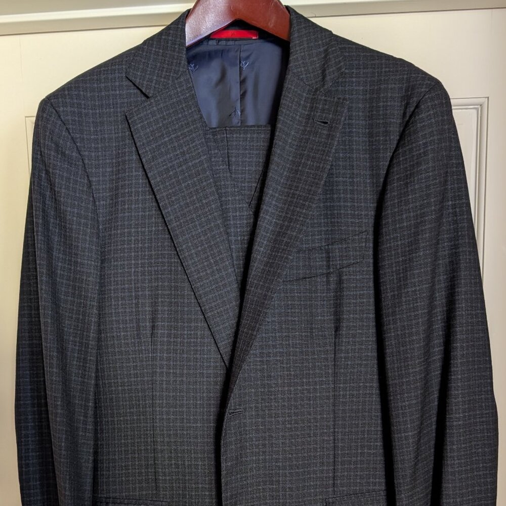 NWOT Isaia Napoli Blue Black Check 3-Piece Suit Vest Notch Lapel EU52R US42R